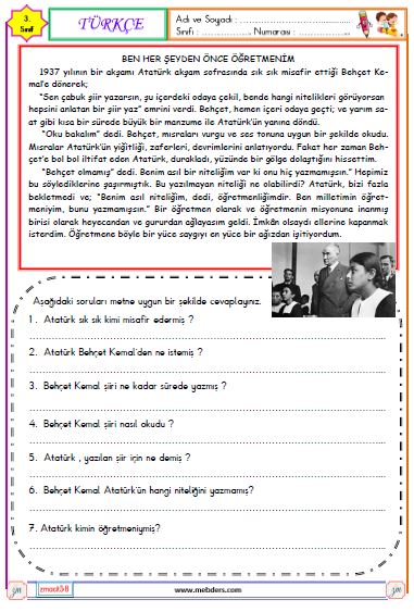 3. Sınıf Türkçe Okuma ve Anlama  Etkinliği ( Ben Her Şeyden Önce Öğretmenim )